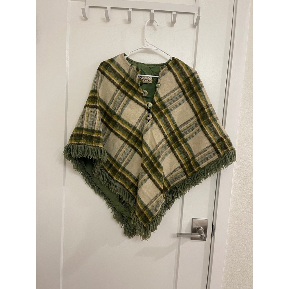 Vintage Green Plaid Wool Poncho 60s Fringe Boho Fall Retro Cottagecore